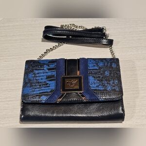 SHARIF Blue Leather Reptile Crossbody Convertible Purse Organizer Wallet Bag